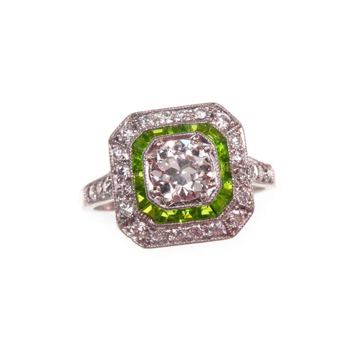 Diamond and demantoid garnet cluster ring, of cut-corner square outline
